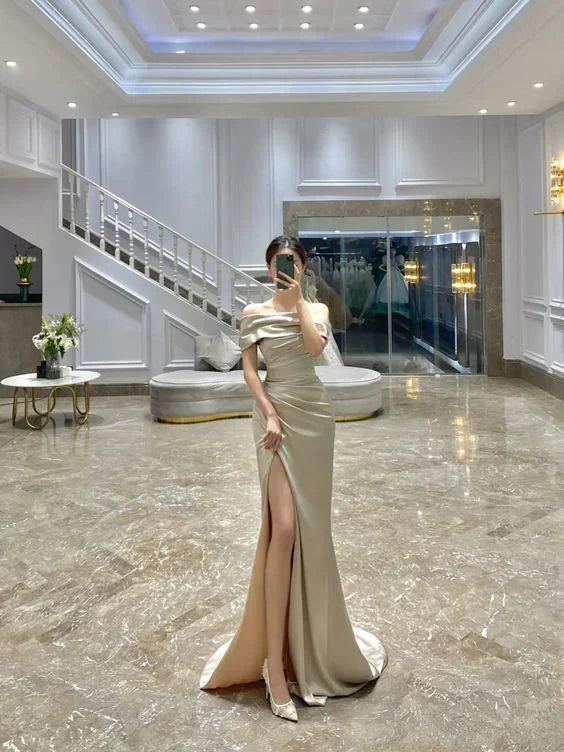 Wholesale Elegant Mermaid Off The Shoulder Ruffles Satin Slit Prom Dresses Evening Dress formal wear dresses